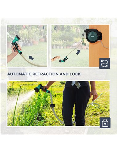 Outsunny Retractable Hose Reel Wall Mounted, 30+2m Garden Hose Pipe Reel with Lock, Auto Rewind, 7 in 1 Spray Nozzle, Includes W