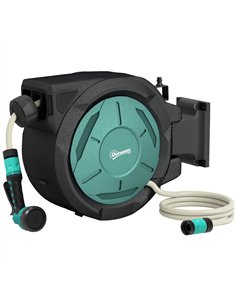 Outsunny Retractable Hose Reel Wall Mounted, 20+2m Garden Hose Pipe Reel with Lock, Auto Rewind, 7 in 1 Spray Nozzle, Includes W