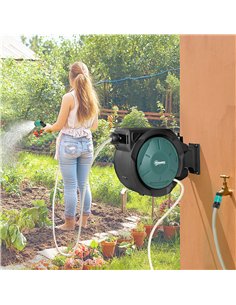 Outsunny Retractable Hose Reel Wall Mounted, 20+2m Garden Hose Pipe Reel with Lock, Auto Rewind, 7 in 1 Spray Nozzle, Includes W 2