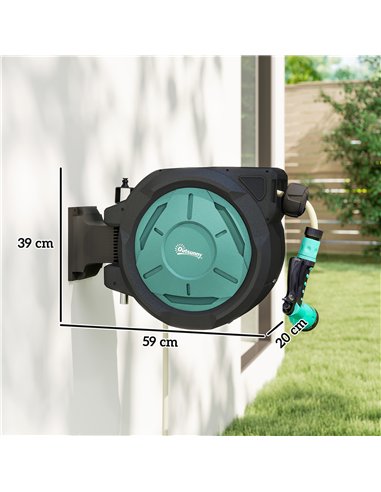 Outsunny Retractable Hose Reel Wall Mounted, 20+2m Garden Hose Pipe Reel with Lock, Auto Rewind, 7 in 1 Spray Nozzle, Includes W