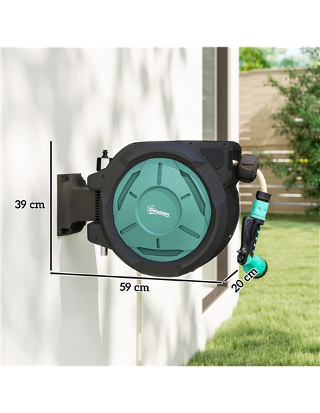Outsunny Retractable Hose Reel Wall Mounted, 20+2m Garden Hose Pipe Reel with Lock, Auto Rewind, 7 in 1 Spray Nozzle, Includes W - pic 204167 | FastDaddyshop