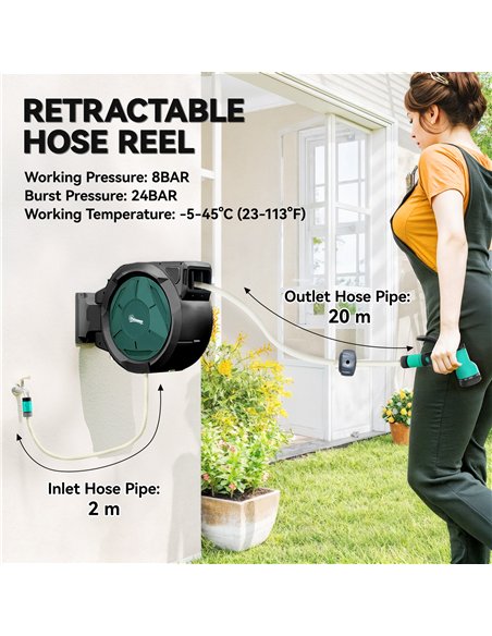 Outsunny Retractable Hose Reel Wall Mounted, 20+2m Garden Hose Pipe Reel with Lock, Auto Rewind, 7 in 1 Spray Nozzle, Includes W - pic 204168 | FastDaddyshop