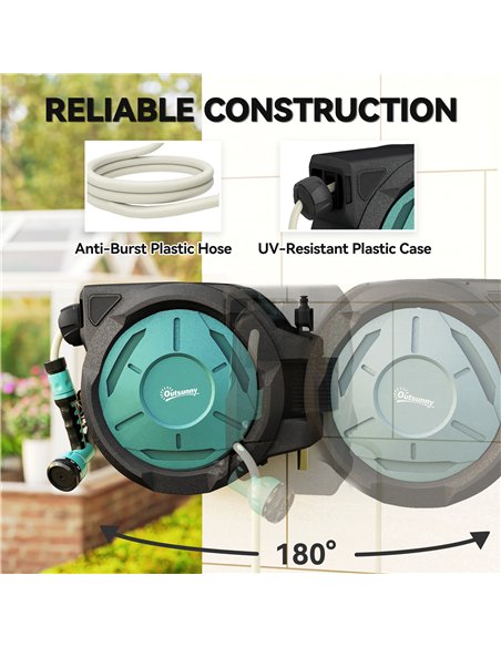 Outsunny Retractable Hose Reel Wall Mounted, 20+2m Garden Hose Pipe Reel with Lock, Auto Rewind, 7 in 1 Spray Nozzle, Includes W - pic 204169 | FastDaddyshop