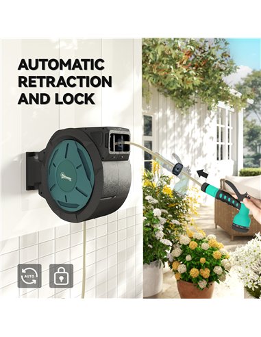 Outsunny Retractable Hose Reel Wall Mounted, 20+2m Garden Hose Pipe Reel with Lock, Auto Rewind, 7 in 1 Spray Nozzle, Includes W
