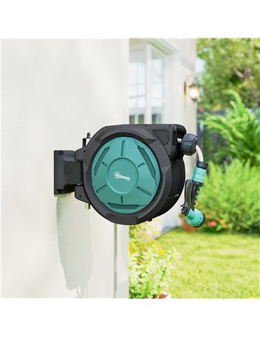 Outsunny Retractable Hose Reel Wall Mounted, 20+2m Garden Hose Pipe Reel with Lock, Auto Rewind, 7 in 1 Spray Nozzle, Includes W