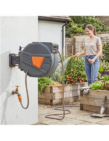 Outsunny Retractable Hose Reel Wall Mounted, 20+1.6m Garden Hose Pipe Reel with Auto Retraction, Self-Locking, Orange