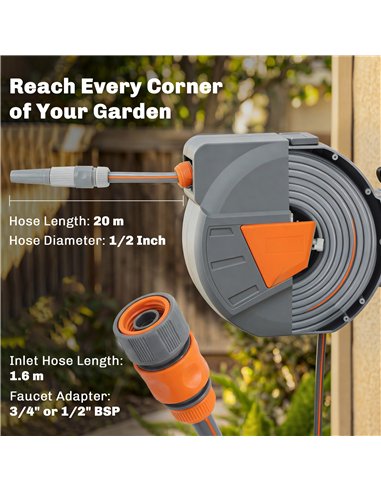 Outsunny Retractable Hose Reel Wall Mounted, 20+1.6m Garden Hose Pipe Reel with Auto Retraction, Self-Locking, Orange