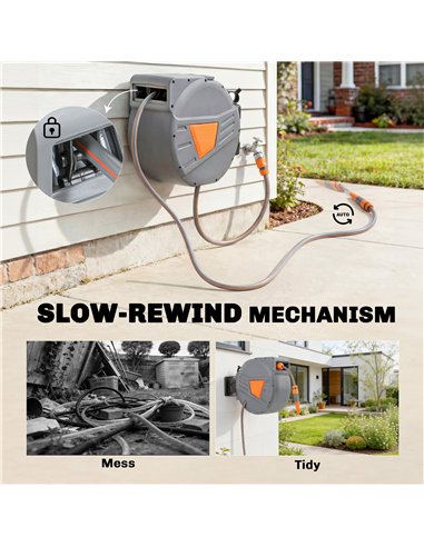 Outsunny Retractable Hose Reel Wall Mounted, 20+1.6m Garden Hose Pipe Reel with Auto Retraction, Self-Locking, Orange