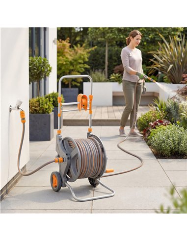Outsunny Hose Reel Cart with Wheels, 45+2m Garden Hose Reel with 2 Patterns Nozzle, Faucet Adaptors and Rewind Handle, Orange