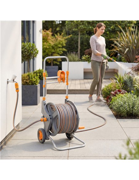 Outsunny Hose Reel Cart with Wheels, 45+2m Garden Hose Reel with 2 Patterns Nozzle, Faucet Adaptors and Rewind Handle, Orange - pic 204193 | FastDaddyshop