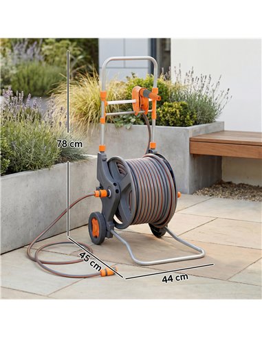 Outsunny Hose Reel Cart with Wheels, 45+2m Garden Hose Reel with 2 Patterns Nozzle, Faucet Adaptors and Rewind Handle, Orange