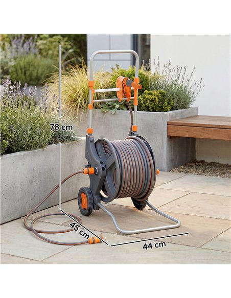 Outsunny Hose Reel Cart with Wheels, 45+2m Garden Hose Reel with 2 Patterns Nozzle, Faucet Adaptors and Rewind Handle, Orange - pic 204194 | FastDaddyshop