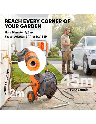 Outsunny Hose Reel Cart with Wheels, 45+2m Garden Hose Reel with 2 Patterns Nozzle, Faucet Adaptors and Rewind Handle, Orange