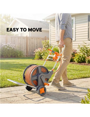Outsunny Hose Reel Cart with Wheels, 45+2m Garden Hose Reel with 2 Patterns Nozzle, Faucet Adaptors and Rewind Handle, Orange