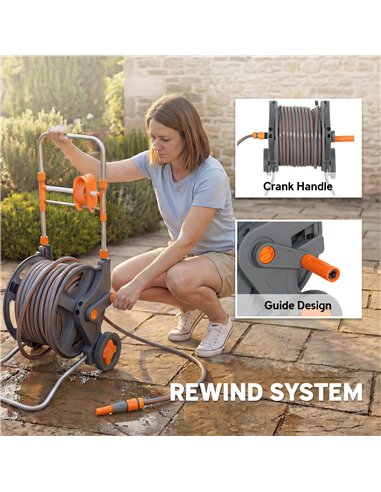 Outsunny Hose Reel Cart with Wheels, 45+2m Garden Hose Reel with 2 Patterns Nozzle, Faucet Adaptors and Rewind Handle, Orange