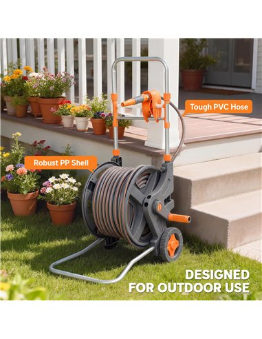 Outsunny Hose Reel Cart with Wheels, 45+2m Garden Hose Reel with 2 Patterns Nozzle, Faucet Adaptors and Rewind Handle, Orange