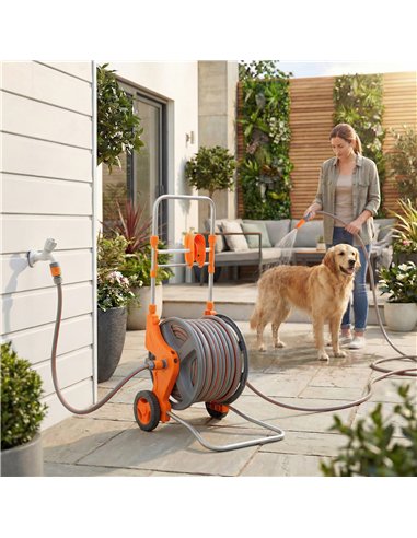 Outsunny Hose Reel Cart with Wheels, 45+2m Garden Hose Reel with 2 Patterns Nozzle, Faucet Adaptors and Rewind Handle, Orange