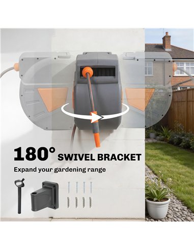 Outsunny Retractable Hose Reel Wall Mounted, 30+2m Garden Hose Pipe Reel with Auto Retraction, Self-Locking, Orange