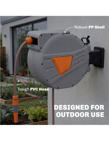 Outsunny Retractable Hose Reel Wall Mounted, 30+2m Garden Hose Pipe Reel with Auto Retraction, Self-Locking, Orange