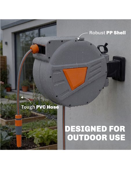 Outsunny Retractable Hose Reel Wall Mounted, 30+2m Garden Hose Pipe Reel with Auto Retraction, Self-Locking, Orange - pic 204208 | FastDaddyshop