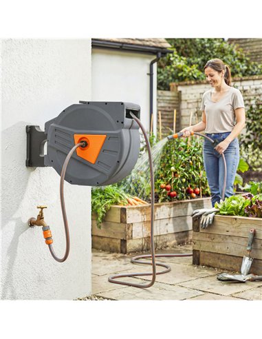 Outsunny Retractable Hose Reel Wall Mounted, 40+2m Garden Hose Pipe Reel with Auto Retraction, Self-Locking, Orange
