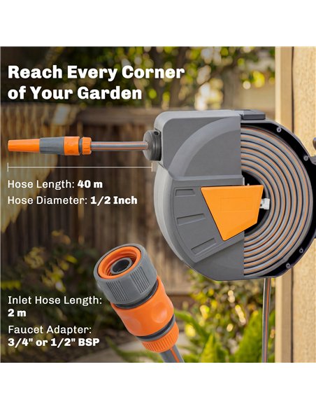 Outsunny Retractable Hose Reel Wall Mounted, 40+2m Garden Hose Pipe Reel with Auto Retraction, Self-Locking, Orange - pic 204213 | FastDaddyshop