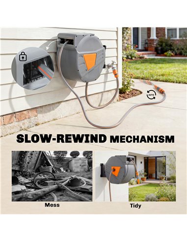 Outsunny Retractable Hose Reel Wall Mounted, 40+2m Garden Hose Pipe Reel with Auto Retraction, Self-Locking, Orange
