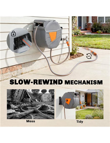 Outsunny Retractable Hose Reel Wall Mounted, 40+2m Garden Hose Pipe Reel with Auto Retraction, Self-Locking, Orange - pic 204214 | FastDaddyshop