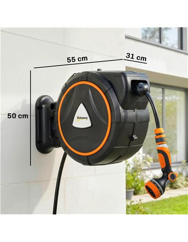 Outsunny 23+2m Retractable Hose Reel Wall Mounted with Auto Retraction, Self-Locking, Slow Return System, 12-Pattern Nozzles