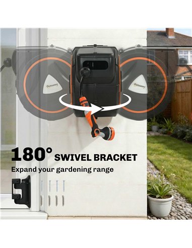 Outsunny 23+2m Retractable Hose Reel Wall Mounted with Auto Retraction, Self-Locking, Slow Return System, 12-Pattern Nozzles