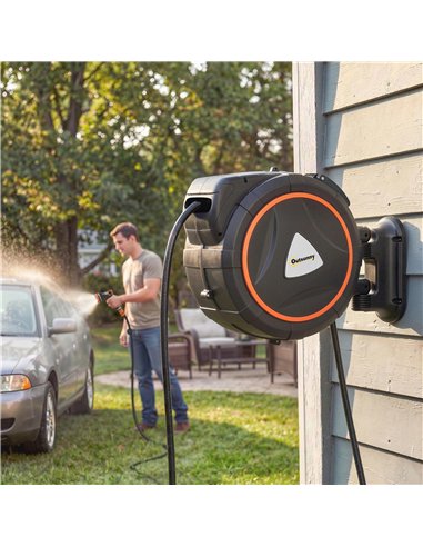 Outsunny 23+2m Retractable Hose Reel Wall Mounted with Auto Retraction, Self-Locking, Slow Return System, 12-Pattern Nozzles