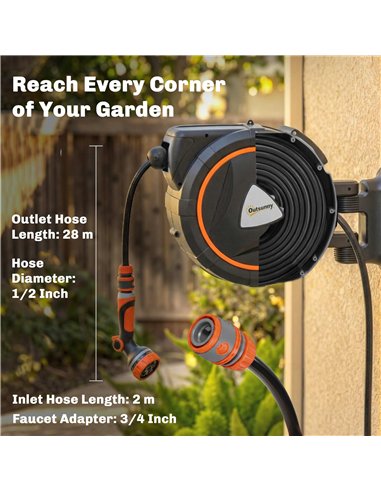 Outsunny 28+2m Retractable Hose Reel Wall Mounted with Auto Retraction, Self-Locking, Slow Return System, 12-Pattern Nozzles