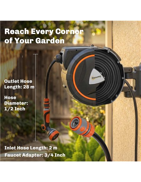 Outsunny 28+2m Retractable Hose Reel Wall Mounted with Auto Retraction, Self-Locking, Slow Return System, 12-Pattern Nozzles - pic 204231 | FastDaddyshop