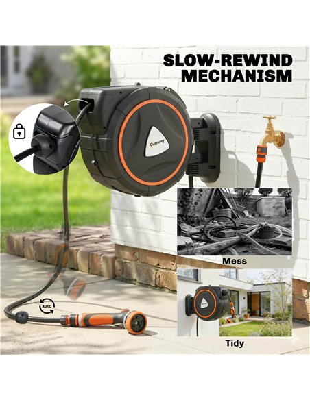 Outsunny 28+2m Retractable Hose Reel Wall Mounted with Auto Retraction, Self-Locking, Slow Return System, 12-Pattern Nozzles - pic 204232 | FastDaddyshop