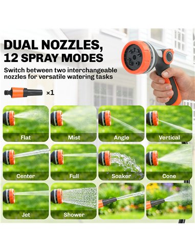 Outsunny 28+2m Retractable Hose Reel Wall Mounted with Auto Retraction, Self-Locking, Slow Return System, 12-Pattern Nozzles