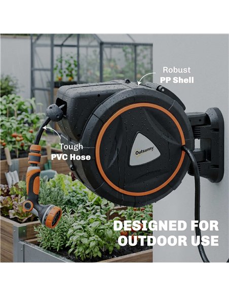 Outsunny 28+2m Retractable Hose Reel Wall Mounted with Auto Retraction, Self-Locking, Slow Return System, 12-Pattern Nozzles - pic 204235 | FastDaddyshop