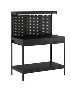 HOMCOM 110 cm Workbench with Pegboard, Heavy Duty Work Table with Power Strip and LED Light, Black