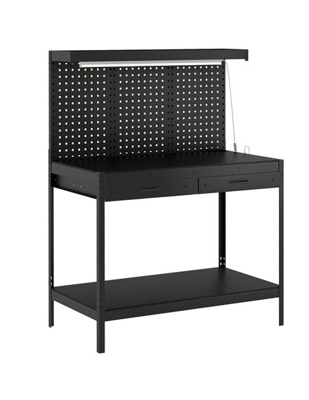 HOMCOM 110 cm Workbench with Pegboard, Heavy Duty Work Table with Power Strip and LED Light, Black - pic 204300 | FastDaddyshop