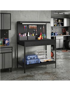 HOMCOM 110 cm Workbench with Pegboard, Heavy Duty Work Table with Power Strip and LED Light, Black 2