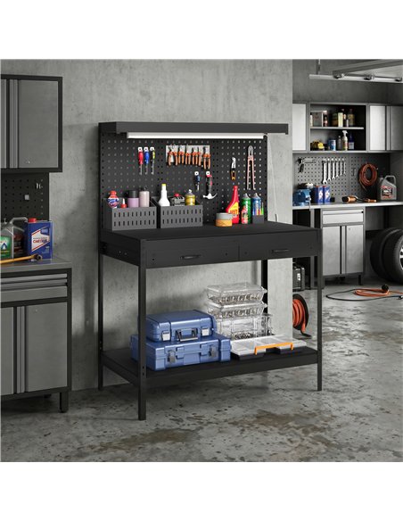 HOMCOM 110 cm Workbench with Pegboard, Heavy Duty Work Table with Power Strip and LED Light, Black - pic 204301 | FastDaddyshop