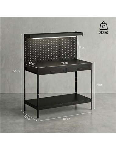 HOMCOM 110 cm Workbench with Pegboard, Heavy Duty Work Table with Power Strip and LED Light, Black