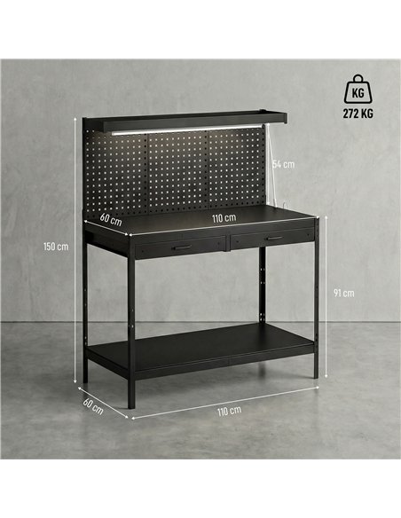 HOMCOM 110 cm Workbench with Pegboard, Heavy Duty Work Table with Power Strip and LED Light, Black - pic 204302 | FastDaddyshop