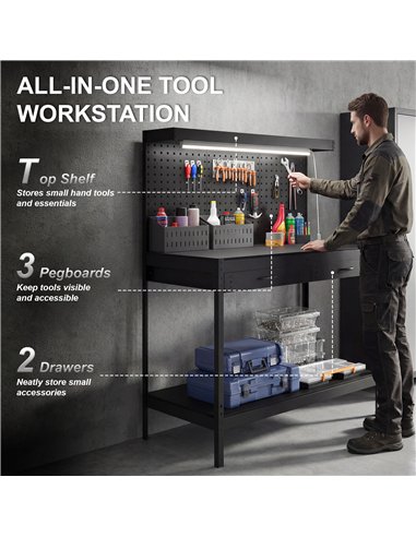 HOMCOM 110 cm Workbench with Pegboard, Heavy Duty Work Table with Power Strip and LED Light, Black