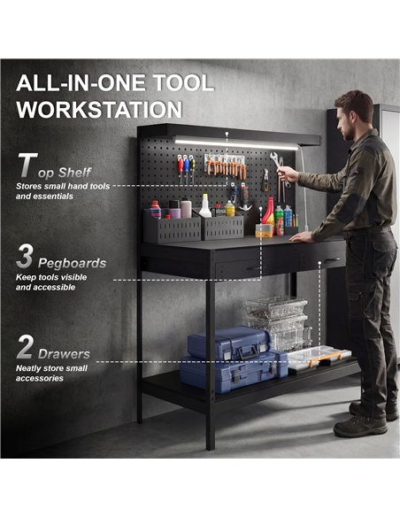 HOMCOM 110 cm Workbench with Pegboard, Heavy Duty Work Table with Power Strip and LED Light, Black - pic 204303 | FastDaddyshop