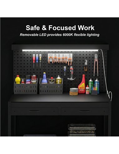 HOMCOM 110 cm Workbench with Pegboard, Heavy Duty Work Table with Power Strip and LED Light, Black