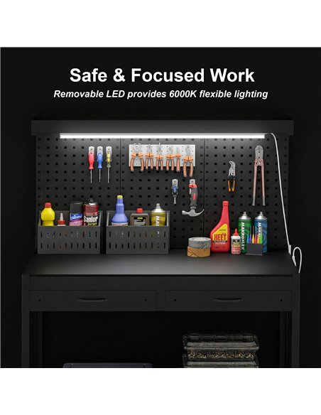 HOMCOM 110 cm Workbench with Pegboard, Heavy Duty Work Table with Power Strip and LED Light, Black - pic 204305 | FastDaddyshop