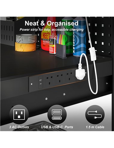 HOMCOM 110 cm Workbench with Pegboard, Heavy Duty Work Table with Power Strip and LED Light, Black