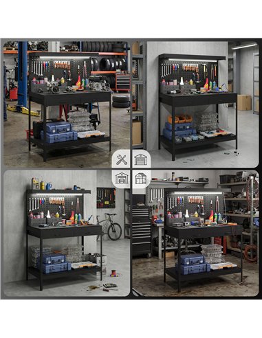 HOMCOM 110 cm Workbench with Pegboard, Heavy Duty Work Table with Power Strip and LED Light, Black