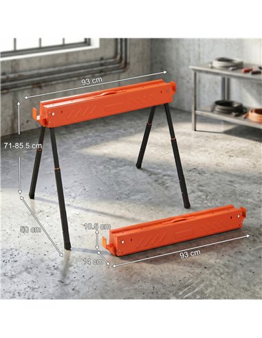 HOMCOM Saw Horses Twin Pack, Folding Work Bench Sawhorses with Height Adjustable Legs, 2x4 Bracket, Orange