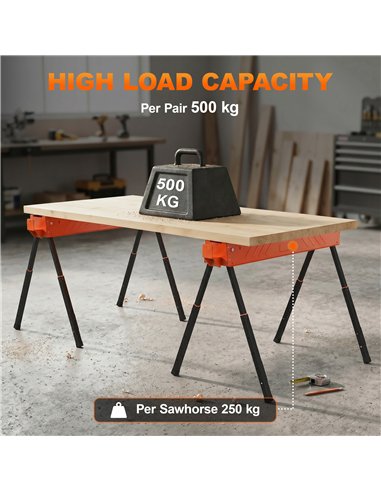 HOMCOM Saw Horses Twin Pack, Folding Work Bench Sawhorses with Height Adjustable Legs, 2x4 Bracket, Orange